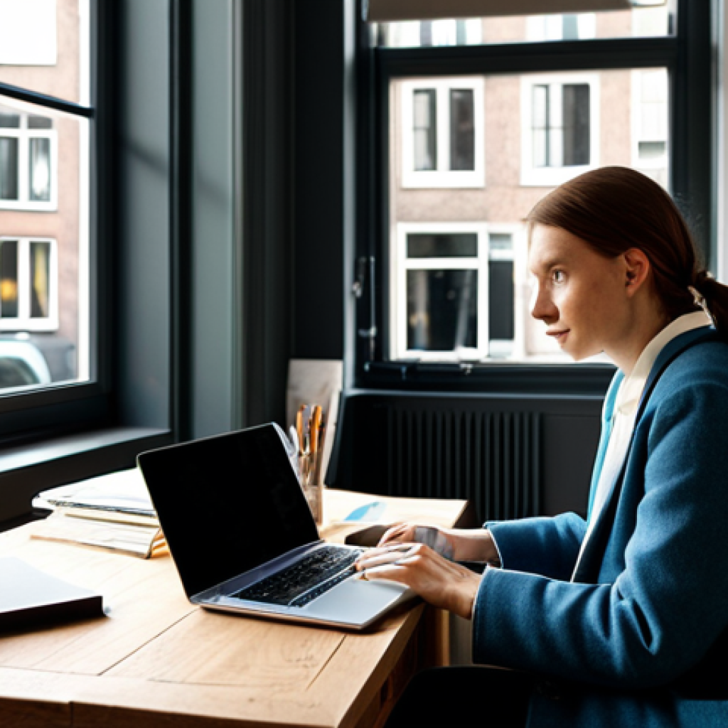Cozy Home Office in Amsterdam**
"A modern home office setup in an Amsterdam canal house, bathed in soft natural light. A professional woman, fully clothed in a stylish yet modest outfit, sits at a tidy wooden desk with a laptop and a cup of coffee. The background features a view of the canal with passing bicycles. Safe for work, appropriate content, fully clothed, professional, perfect anatomy, correct proportions, natural pose, high quality, Vermeer lighting."
**