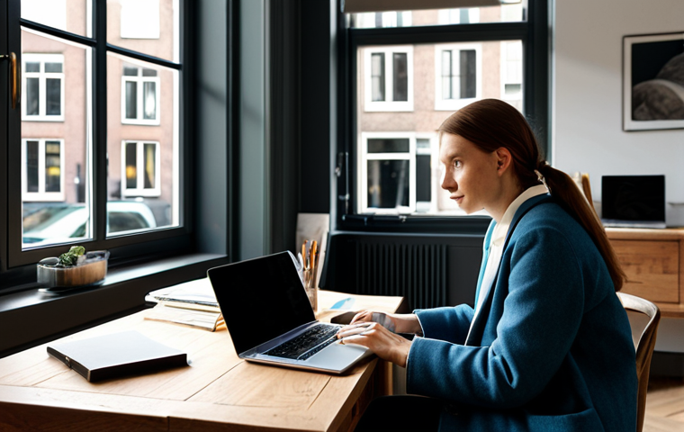 Cozy Home Office in Amsterdam**

"A modern home office setup in an Amsterdam canal house, bathed in soft natural light. A professional woman, fully clothed in a stylish yet modest outfit, sits at a tidy wooden desk with a laptop and a cup of coffee. The background features a view of the canal with passing bicycles.  Safe for work, appropriate content, fully clothed, professional, perfect anatomy, correct proportions, natural pose, high quality, Vermeer lighting."

**