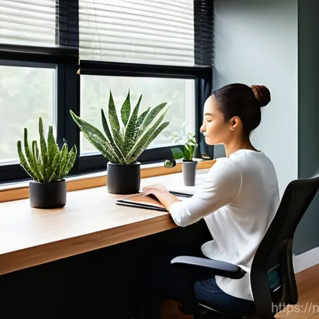 직장에서 집중력 향상 위한 전략 - **Prompt: A serene and meticulously organized home office bathed in soft, natural daylight. The spac...
