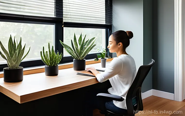 직장에서 집중력 향상 위한 전략 - **Prompt: A serene and meticulously organized home office bathed in soft, natural daylight. The spac...