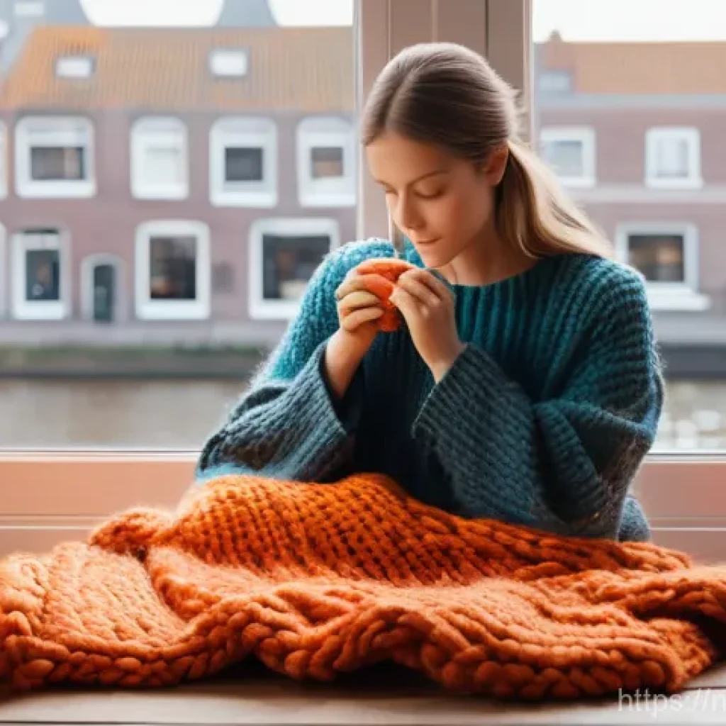 집중력을 높이는 방법으로서의 공예 - A serene Dutch woman in her late 30s, wearing comfortable, modest loungewear, is engrossed in knitti...