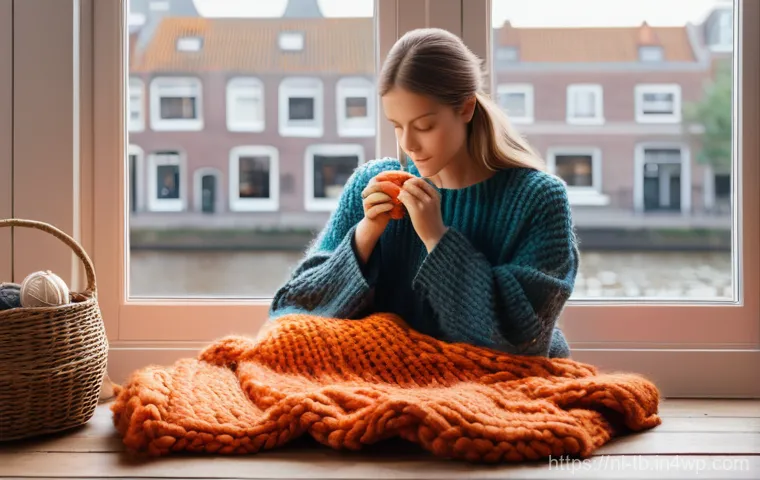 집중력을 높이는 방법으로서의 공예 - A serene Dutch woman in her late 30s, wearing comfortable, modest loungewear, is engrossed in knitti...