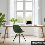 Home 21 공부 공간 정리로 집중력 증대하기 - A bright and minimalist study space in a Dutch apartment, featuring large windows with natural sunli...