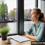 Home 20 집중력 향상에 대한 최신 연구 결과 - A serene Dutch office setting with a professional young woman practicing deep breathing at her desk,...