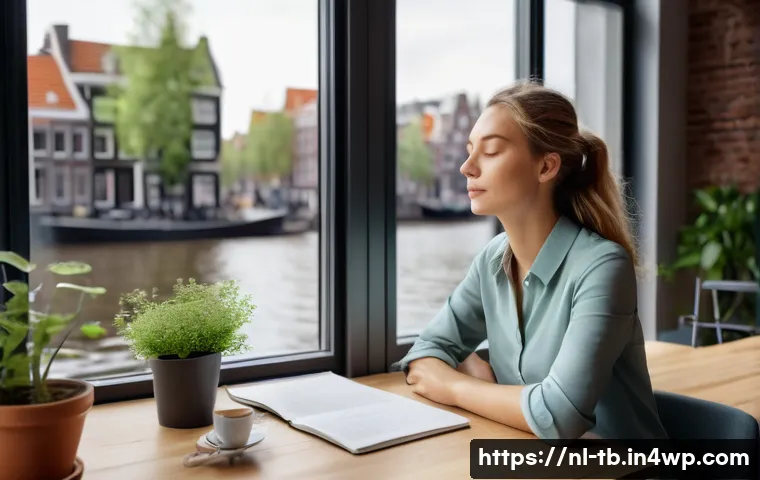 집중력 향상에 대한 최신 연구 결과 - A serene Dutch office setting with a professional young woman practicing deep breathing at her desk,...