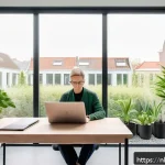 Home 18 집중력 향상을 위한 창의적 사고 훈련 - A modern, minimalist Dutch home office bathed in natural light from large windows, featuring a clean...