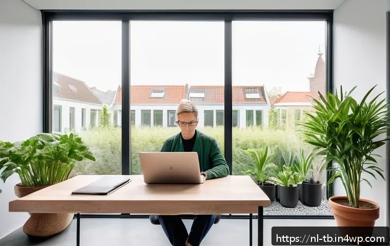 집중력 향상을 위한 창의적 사고 훈련 - A modern, minimalist Dutch home office bathed in natural light from large windows, featuring a clean...