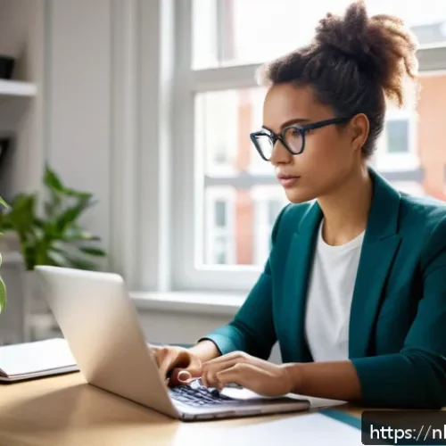 Home 17 집중력 증진을 위한 역할 모델 찾기 - A focused young professional woman sitting at a modern desk in a bright Amsterdam apartment, wearing...