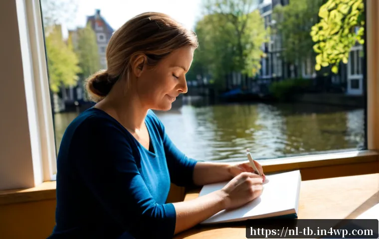 Home 17 집중력 증진을 위한 상상력 훈련 - Photorealistic Dutch woman in her early 40s practicing imagination training at a sunlit wooden desk ...