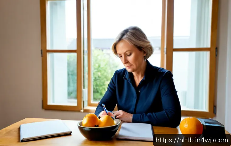 Home 17 집중력 증진을 위한 스스로 점검하기 - Photorealistic Dutch home office scene, a focused middle-aged woman conducting a self-check for conc...